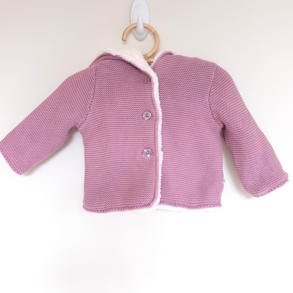 Baby Gap Knit Cardigan Purple Sherpa Lined Hooded Pom Ear Sweater Baby 3-6M